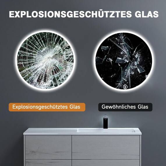 YOLEO LED Badspiegel rund 60x60cm, Badezimmerspiegel mit Beleuchtung, Touchschalter, 3 dimmbare Lichtfarben, Sicherheitsglas, IP44