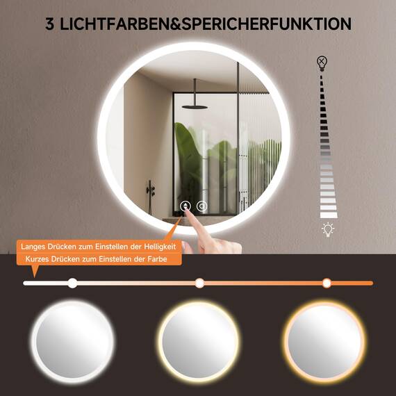 YOLEO Badspiegel mit Beleuchtung rund 50cm, Badezimmerspiegel LED Spiegel Wandspiegel mit Touchschalter, Speicherfunktion，Lichtspiegel Dimmbar Warmweiß/Kaltweiß/Neutral