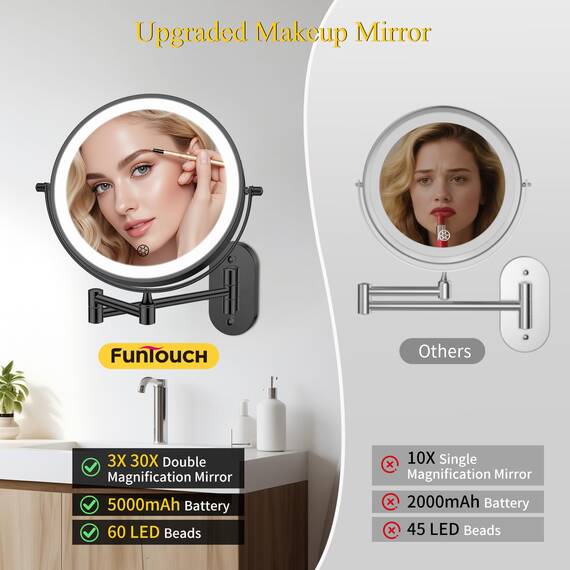 FUNTOUCH 5000mAh Wiederaufladbar Kosmetikspiegel mit Beleuchtetung, 3X 30X Spiegel Vergrößerung Wandmontage, Rasierspiegel mit 3 Lichtfarben, 360° Drehbar für Badezimmer