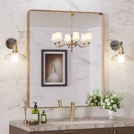 LOAAO Goldener Badezimmerspiegel mit den Maßen 76,2 x 91,4 cm, abgerundeter rechteckiger goldfarbener Rahmen, gebürsteter Gold-Badezimmerspiegel, Wandmontage, rostfreies gehärtetes Glas, kann