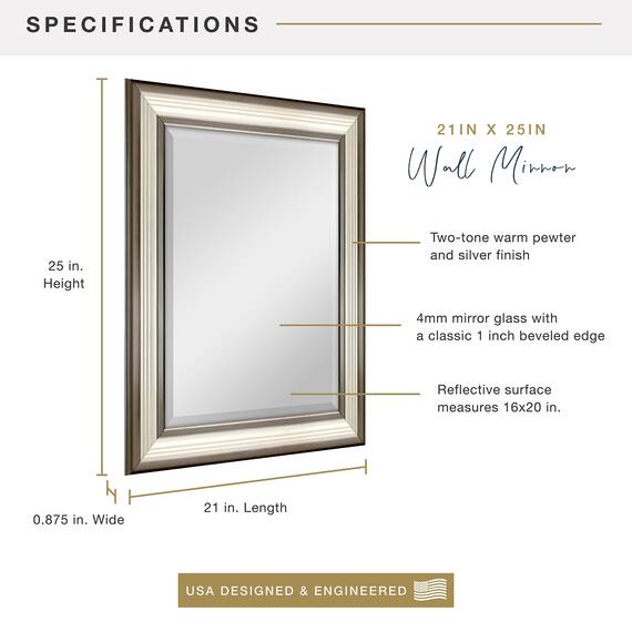 MCS 40,6 x 50,8 cm geriffelter Spiegel, Außenmaß ist 53,3 x 63,5 cm, Finish 20578, Glas Polystyrol, Zweifarbiges warmes Zinn und Silber, 20" L x 16" W