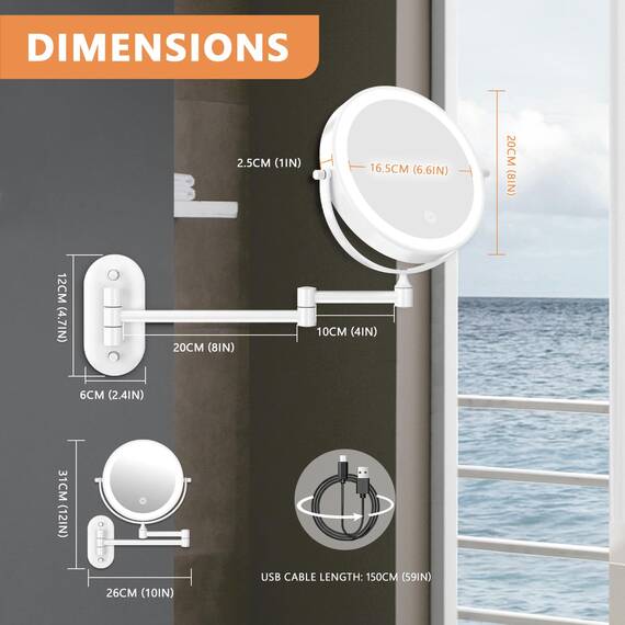 Auxmir Kosmetikspiegel mit Beleuchtung, 1X/30X Wiederaufladbar Schminkspiegel, 3200mAh Rasierspiegel Wandmontage, Dimmbar Vergrößerungsspiegel mit 3 Lichtfarben, 360° Drehbar für Badezimmer und Hotel