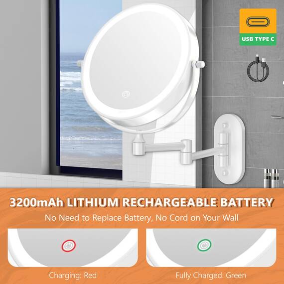 Auxmir Kosmetikspiegel mit Beleuchtung, 1X/20X Wiederaufladbar Schminkspiegel, 3200mAh Rasierspiegel Wandmontage, Dimmbar Vergrößerungsspiegel mit 3 Lichtfarben, 360° Drehbar für Badezimmer und Hotel
