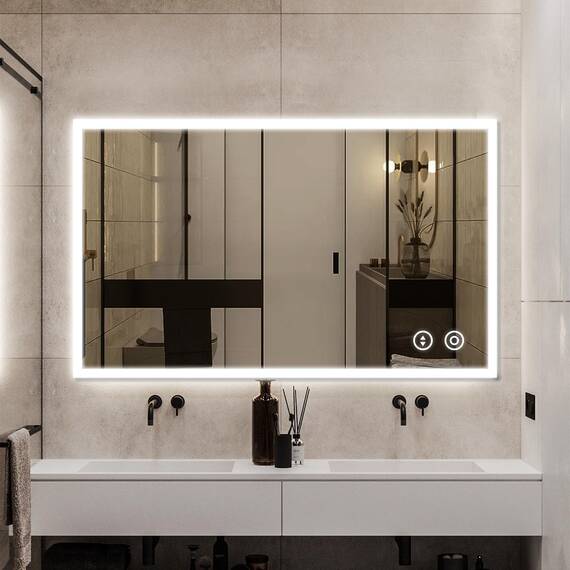 YOLEO Badspiegel mit Beleuchtung 100x60 cm, Wandspiegel mit Steckdose, LED-Spiegel mit Touchschalter und Beschlaghemmungsfunktion, Kaltweiß 6500K