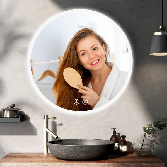 YOLEO Badspiegel mit Beleuchtung rund 50cm, Badezimmerspiegel LED Spiegel Wandspiegel mit Touchschalter, Speicherfunktion，Lichtspiegel Dimmbar Warmweiß/Kaltweiß/Neutral