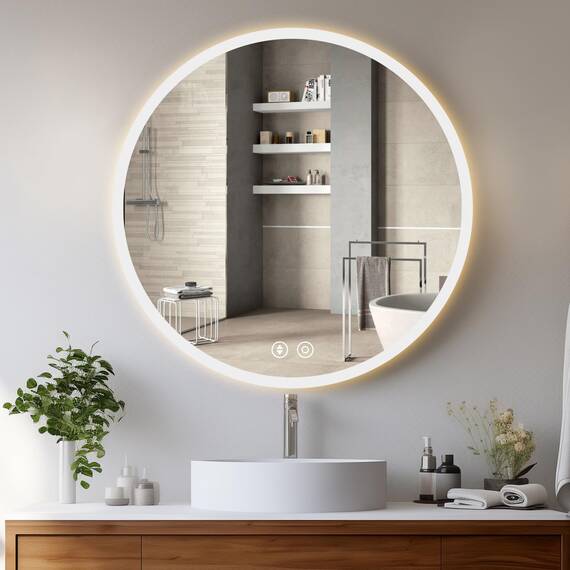 YOLEO Badspiegel rund mit Beleuchtung 70cm, LED Spiegel mit Touchschalter, Badzimmerspiegel LED Beschlagfrei, 3 stufenlos einstellbare Lichtfarbe