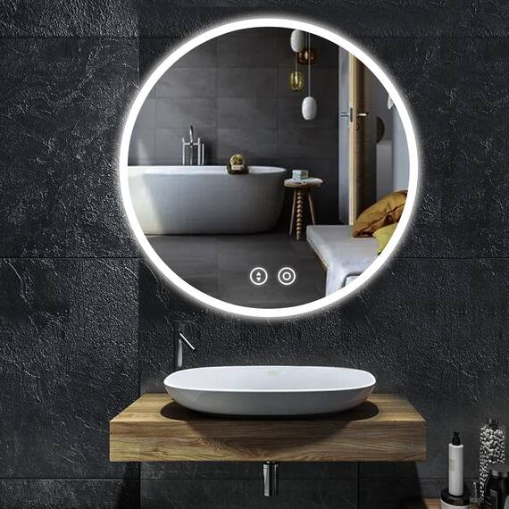 YOLEO LED Badspiegel rund 60x60cm, Badezimmerspiegel mit Beleuchtung, Touchschalter, 3 dimmbare Lichtfarben, Sicherheitsglas, IP44