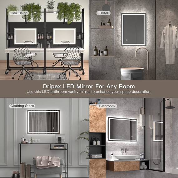 Dripex Badezimmerspiegel Wandspiegel LED Badspiegel mit Beleuchtung mit Touch-Schalter Beschlagfrei Kaltweiß 6400K Energiesparend Lichtspiegel 50x70 cm