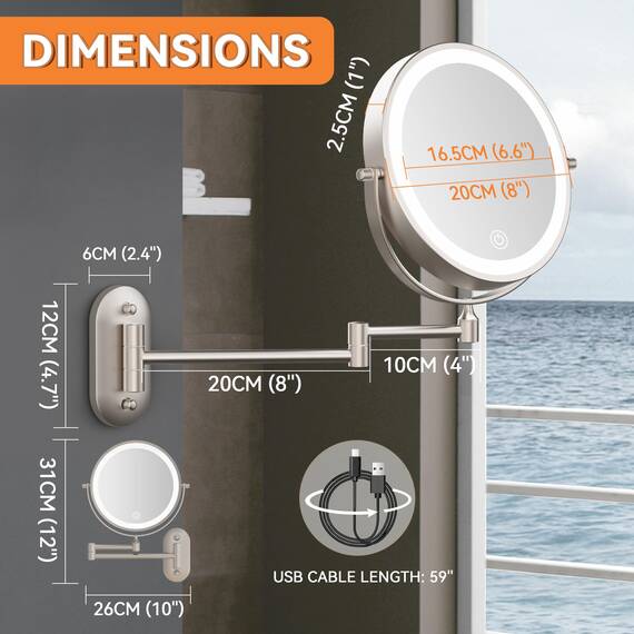 Auxmir Kosmetikspiegel mit Beleuchtung, 1X/30X Wiederaufladbar Schminkspiegel, 3200mAh Rasierspiegel Wandmontage, Dimmbar Vergrößerungsspiegel mit 3 Lichtfarben, 360° Drehbar für Badezimmer und Hotel