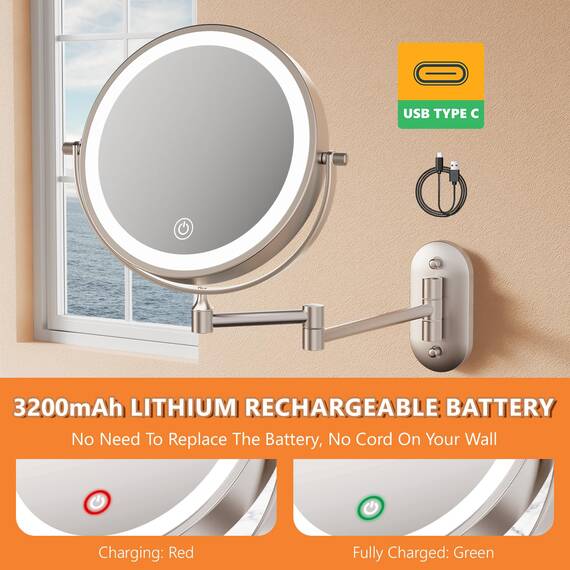 Auxmir Kosmetikspiegel mit Beleuchtung, 1X/20X Wiederaufladbar Schminkspiegel, 3200mAh Rasierspiegel Wandmontage, Dimmbar Vergrößerungsspiegel mit 3 Lichtfarben, 360° Drehbar für Badezimmer und Hotel