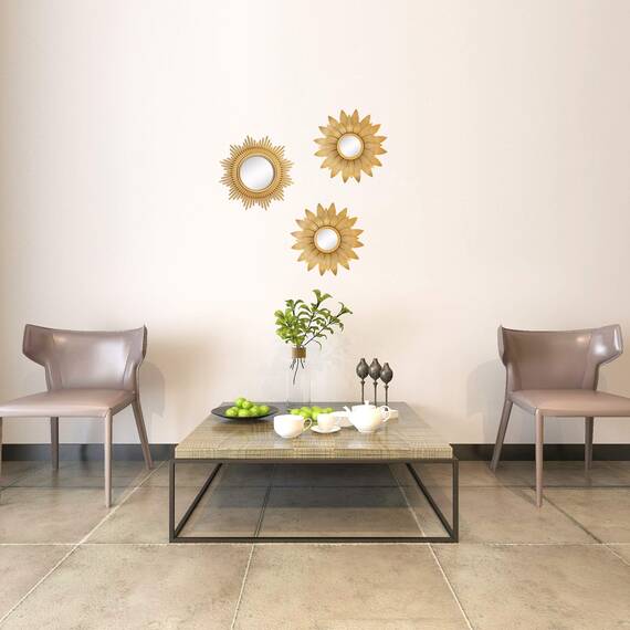 Kelly Miller Kleine runde Spiegel für Wanddekoration, 3er-Set, goldene Wanddekorationen für Wohnzimmer, Schlafzimmer & Badezimmer (MS018)