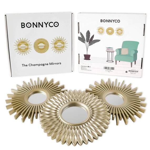 BONNYCO Spiegel Rund Gold 3 Stück. Spiegel Klein Wanddeko Wohnzimmer, Haus, Schlafzimmer. Wandspiegel zum Aufhängen Deko, Dekorative Wandspiegel Vintage. Originelles Geschenk für Frauen, Mama