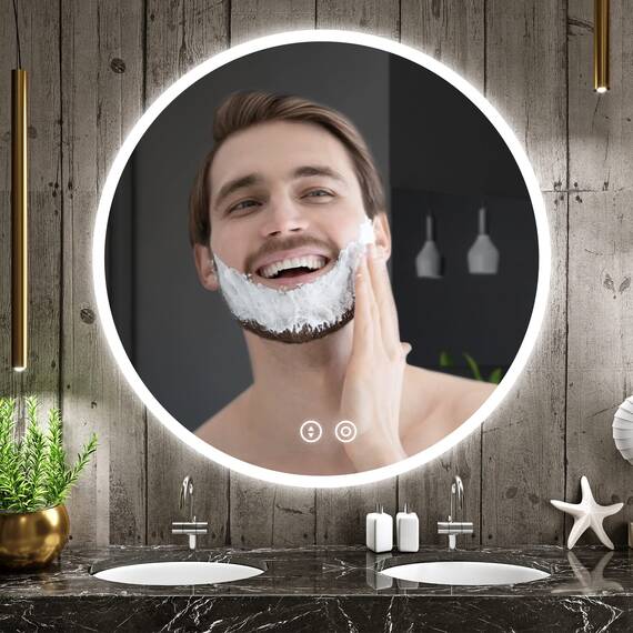 YOLEO LED Badspiegel rund 60x60cm, Badezimmerspiegel mit Beleuchtung, Touchschalter, 3 dimmbare Lichtfarben, Sicherheitsglas, IP44
