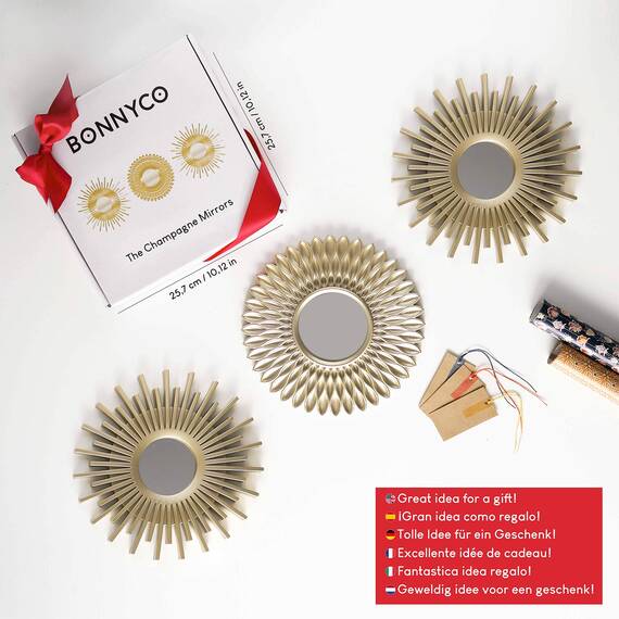 BONNYCO Spiegel Rund Gold 3 Stück. Spiegel Klein Wanddeko Wohnzimmer, Haus, Schlafzimmer. Wandspiegel zum Aufhängen Deko, Dekorative Wandspiegel Vintage. Originelles Geschenk für Frauen, Mama