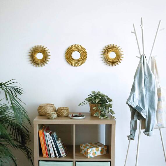 BONNYCO Spiegel Rund Gold 3 Stück. Spiegel Klein Wanddeko Wohnzimmer, Haus, Schlafzimmer. Wandspiegel zum Aufhängen Deko, Dekorative Wandspiegel Vintage. Originelles Geschenk für Frauen, Mama