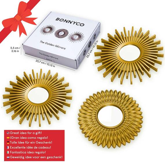 BONNYCO Spiegel Rund Gold 3 Stück. Spiegel Klein Wanddeko Wohnzimmer, Haus, Schlafzimmer. Wandspiegel zum Aufhängen Deko, Dekorative Wandspiegel Vintage. Originelles Geschenk für Frauen, Mama