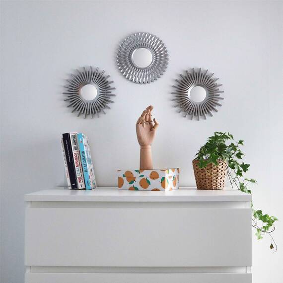 BONNYCO Spiegel Rund Silber 3 Stück. Spiegel Klein Wanddeko Wohnzimmer, Haus, Schlafzimmer. Wandspiegel zum Aufhängen Deko, Dekorative Wandspiegel Vintage. Originelles Geschenk für Frauen, Mama