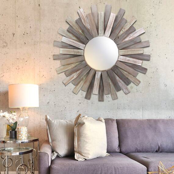 Stonebriar Large Round 31.3" Wooden Sunburst Hanging Wall Mirror with Attached Hanging Bracket