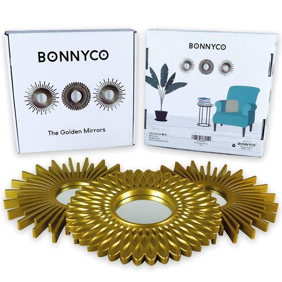 BONNYCO Spiegel Rund Gold 3 Stück. Spiegel Klein Wanddeko Wohnzimmer, Haus, Schlafzimmer. Wandspiegel zum Aufhängen Deko, Dekorative Wandspiegel Vintage. Originelles Geschenk für Frauen, Mama