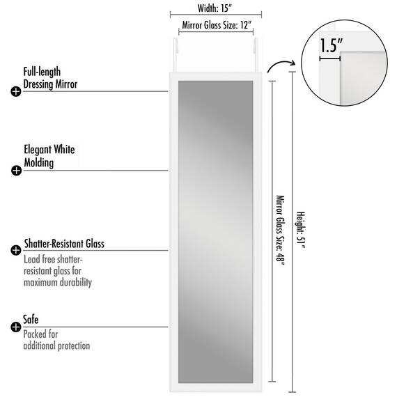 Americanflat 38x130 cm Türspiegel zum Einhängen - Ganzkörperspiegel - Große Spiegelfläche - Bruchsicheres Glas mit Metallbügel zum Aufhängen Badezimmer, Schlafzimmer - MDF-Rahmen Weiß
