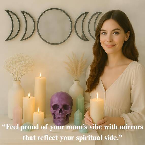 Black Magic Witch Moon Mirror - Ankündigung Liebe Gothic und Boho Home Wall Decor - Glas Mondphase Spiegel Set mit kristallklarer Reflexion - Mondspiegel Wanddekoration für Wohnzimmer Schlafzimmer