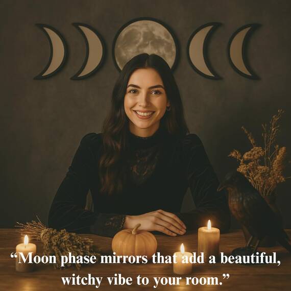 Black Magic Witch Moon Mirror - Ankündigung Liebe Gothic und Boho Home Wall Decor - Glas Mondphase Spiegel Set mit kristallklarer Reflexion - Mondspiegel Wanddekoration für Wohnzimmer Schlafzimmer