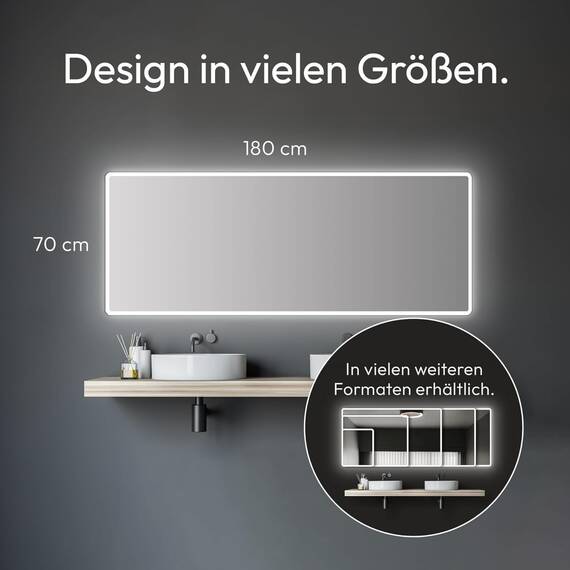 TALOS Moon LED Badspiegel 180x70 cm - Badezimmerspiegel mit Beleuchtung - feuchtwassergeeignet durch Aluminiumrahmen - Licht-Farbe Neutralweiß