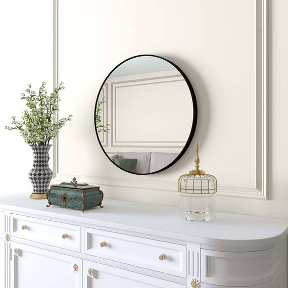 Beauty4U 40,6 cm Wandspiegel für Badezimmer, kleiner schwarzer runder Spiegel für Wand, 40,6 cm langer runder Spiegel für Wohnzimmer, Waschtisch, Schlafzimmer