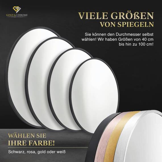 GOLD&CHROME UNIQUE DESIGN Dekorative Wandspiegel Rund ⌀83 cm mit Aluminiumrahmen - Spiegel Rund Schwarz mit Teflon beschichtet Spiegeloberfläche - Spiegel Wand Pulverbeschichteter Spiegelrahmen 2 cm