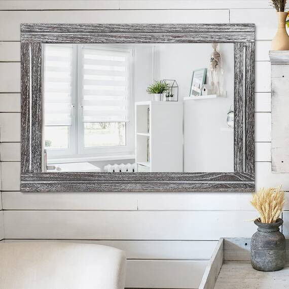 AAZZKANG Rustikaler Spiegel groß 65 x45 cm Holzrahmen, Wandspiegel, rechteckig, für Schlafzimmer, Badezimmer, Bauernhaus, Kosmetikspiegel