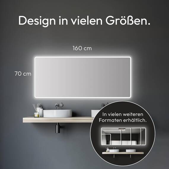 Talos Moon Badspiegel mit Beleuchtung 160x70 cm Badezimmerspiegel mit LED Beleuchtung Spiegel mit Licht Lichtfarbe Neutralweiß umlaufender Aluminiumrahmen