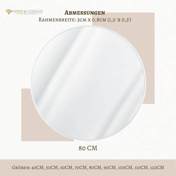 GOLD&CHROME UNIQUE DESIGN Dekorative Wandspiegel Rund ⌀80 cm Aluminiumrahmen - Spiegel Rund Weiß mit Teflon beschichtet Spiegeloberfläche - Spiegel Wand Pulverbeschichteter Spiegelrahmen 0,9 cm
