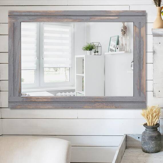 AAZZKANG Spiegel mit Holzrahmen 65 x45 cm rechteckig, rustikaler Wandspiegel, Bauernhaus, dekorativer Hängespiegel für Badezimmer, Wohnzimmer, Schlafzimmer