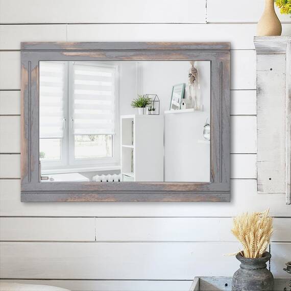 AAZZKANG Holzgerahmter Spiegel 50x40cm Rustikaler Bauernhaus Wandspiegel Rechteckig Dekorativer Spiegel für Badezimmer Wohnzimmer Schlafzimmer