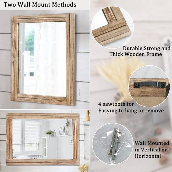 AAZZKANG Rustikale Spiegel für die Wand groß 65 x45 cm rechteckiger Holzrahmen, Spiegel, Bauernhaus, Schlafzimmer, Badezimmer, dekorativer Schminkspiegel