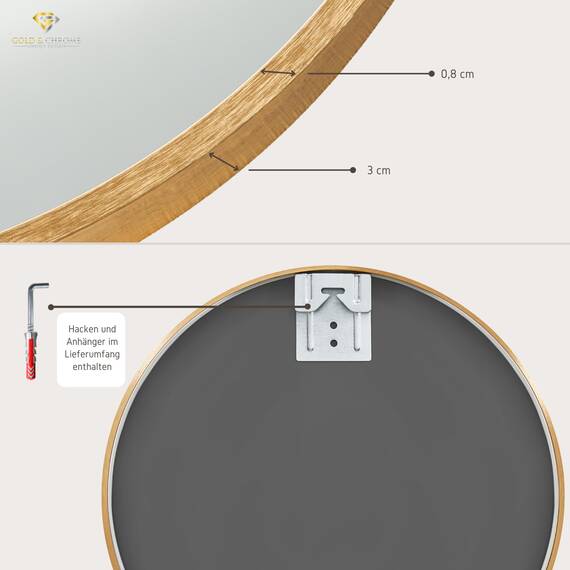 GOLD&CHROME UNIQUE DESIGN Dekorative Wandspiegel Rund ⌀100 cm Aluminiumrahmen - Spiegel Rund Gold mit Teflon beschichtet Spiegeloberfläche - Spiegel Wand Pulverbeschichteter Spiegelrahmen 0,9 cm