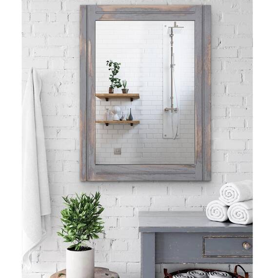 AAZZKANG Spiegel mit Holzrahmen 65 x45 cm rechteckig, rustikaler Wandspiegel, Bauernhaus, dekorativer Hängespiegel für Badezimmer, Wohnzimmer, Schlafzimmer