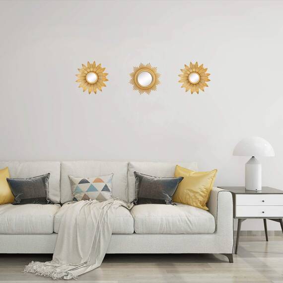 Kelly Miller Kleine runde Spiegel für Wanddekoration, 3er-Set, goldene Wanddekorationen für Wohnzimmer, Schlafzimmer & Badezimmer (MS018)
