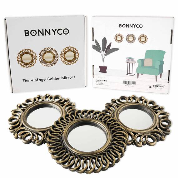 BONNYCO Spiegel Rund Vintage 3 Stück. Spiegel Klein Wanddeko Wohnzimmer, Haus, Schlafzimmer. Wandspiegel zum Aufhängen Deko, Dekorative Wandspiegel Vintage. Originelles Geschenk für Frauen, Mama