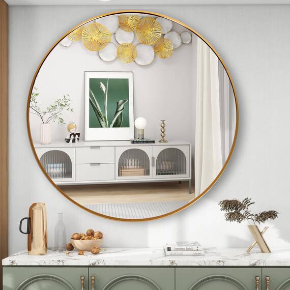 FANYUSHOW Goldener runder Spiegel, 61 cm, Metallrahmen, Kreisspiegel für Wandmontage im Wohnzimmer, Badezimmer, Eingangsbereich, Schminktisch, Trendstil