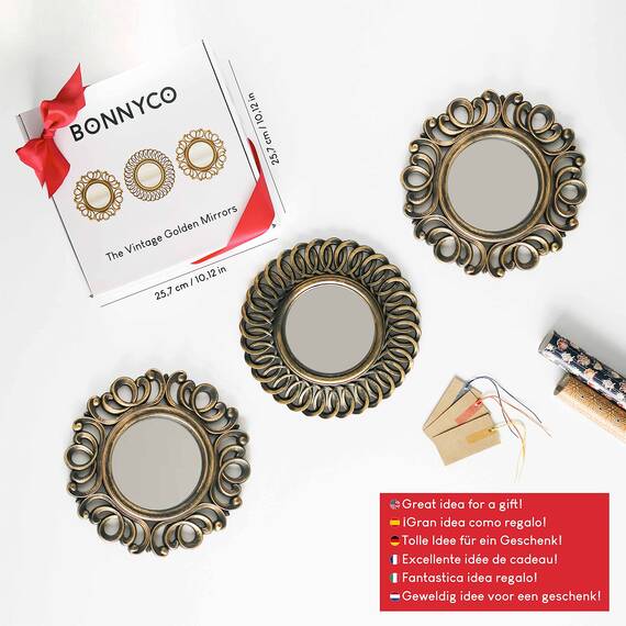 BONNYCO Spiegel Rund Vintage 3 Stück. Spiegel Klein Wanddeko Wohnzimmer, Haus, Schlafzimmer. Wandspiegel zum Aufhängen Deko, Dekorative Wandspiegel Vintage. Originelles Geschenk für Frauen, Mama