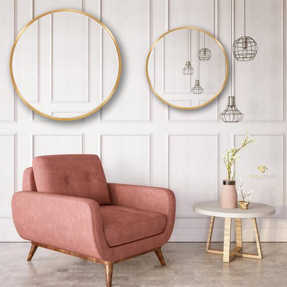 GOLD&CHROME UNIQUE DESIGN Dekorative Wandspiegel Rund ⌀100 cm Aluminiumrahmen - Spiegel Rund Gold mit Teflon beschichtet Spiegeloberfläche - Spiegel Wand Pulverbeschichteter Spiegelrahmen 0,9 cm
