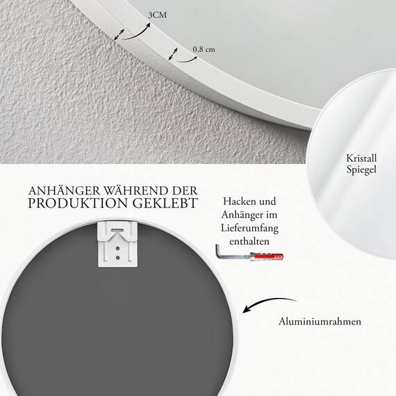 GOLD&CHROME UNIQUE DESIGN Dekorative Wandspiegel Rund ⌀60 cm Aluminiumrahmen - Spiegel Rund Weiß mit Teflon beschichtet Spiegeloberfläche - Spiegel Wand Pulverbeschichteter Spiegelrahmen 0,9 cm