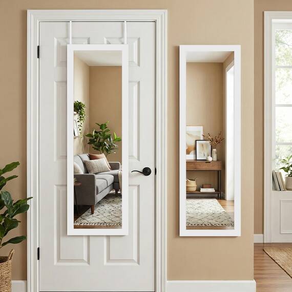 Americanflat 38x130 cm Türspiegel zum Einhängen - Ganzkörperspiegel - Große Spiegelfläche - Bruchsicheres Glas mit Metallbügel zum Aufhängen Badezimmer, Schlafzimmer - MDF-Rahmen Weiß