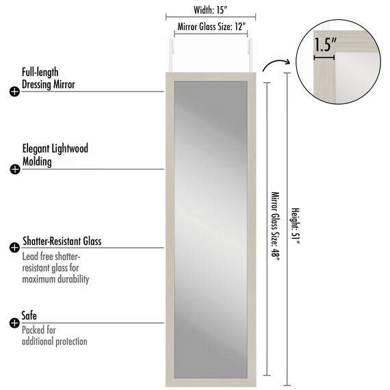 Americanflat 38x130 cm Türspiegel zum Einhängen - Ganzkörperspiegel - Bruchsicheres Glas mit Metallbügel zum Aufhängen Badezimmer, Schlafzimmer - MDF-Rahmen Farbe Helles Holz