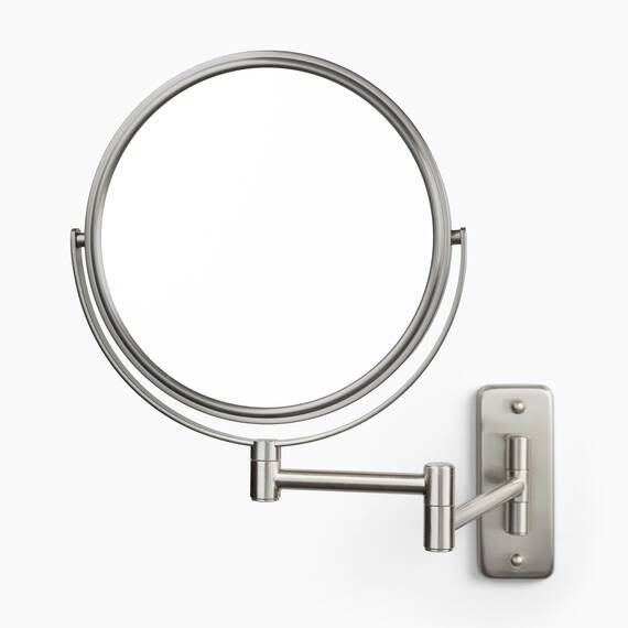 Jerdon Zweiseitiger Make-up-Spiegel zur Wandmontage, Nickel-Finish, 5-fache Vergrößerung, 20,3 cm Durchmesser, ausziehbar 34,3 cm, Modell JP7506N