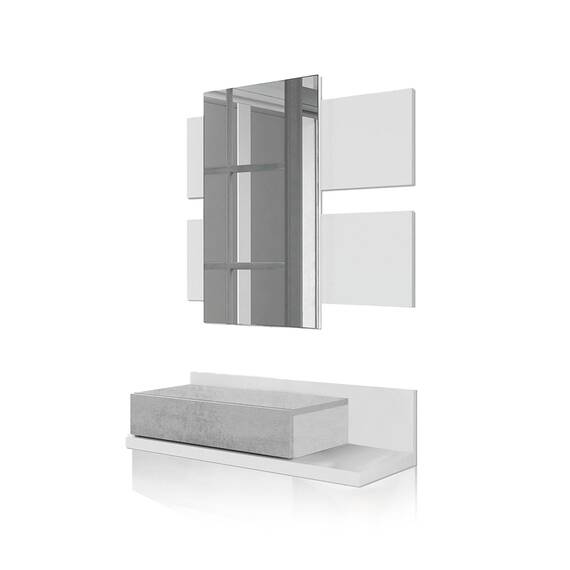 Habitdesign Flur mit Schublade und Spiegel, Eingangsschrank, Modell Tekkan, Ausführung in Artik Weiß und Zement, Maße: 75 cm (Breite) x 116 cm (Höhe) x 29 cm (Tiefe)