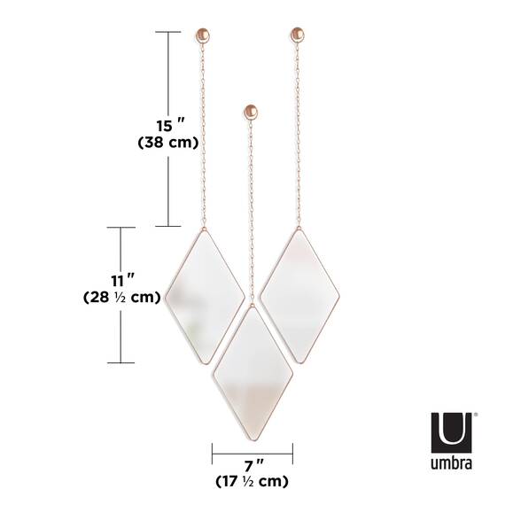 Umbra Dima 3-teiliger Wandspiegel und Wanddekoration, Metall, Kupfer, Rautenförmig