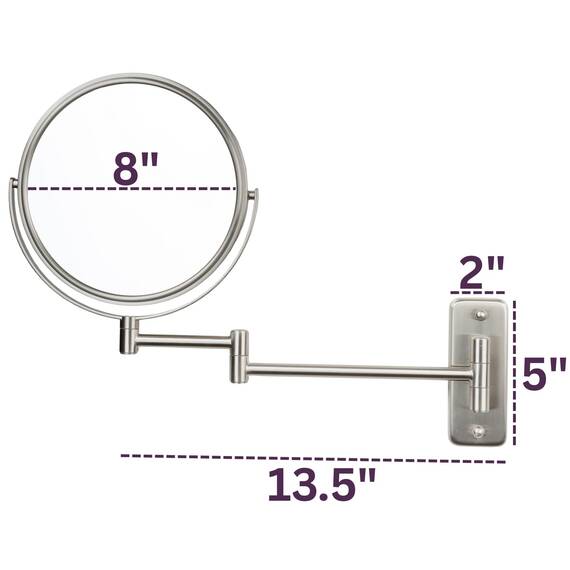 Jerdon Zweiseitiger Make-up-Spiegel zur Wandmontage, Nickel-Finish, 5-fache Vergrößerung, 20,3 cm Durchmesser, ausziehbar 34,3 cm, Modell JP7506N