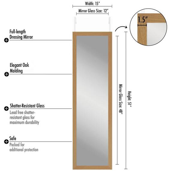 Americanflat 38x130 cm Türspiegel zum Einhängen - Ganzkörperspiegel - Große Spiegelfläche - Bruchsicheres Glas mit Metallbügel zum Aufhängen Badezimmer, Schlafzimmer - MDF-Rahmen Farbe Eiche